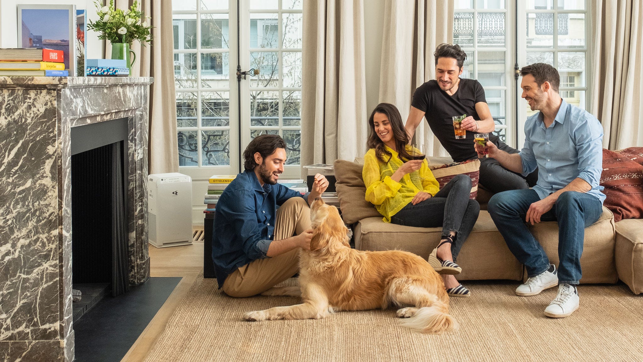 Čistička vzduchu sa zbavuje zvyškov zvieracej kože v obývacej izbe so psom.