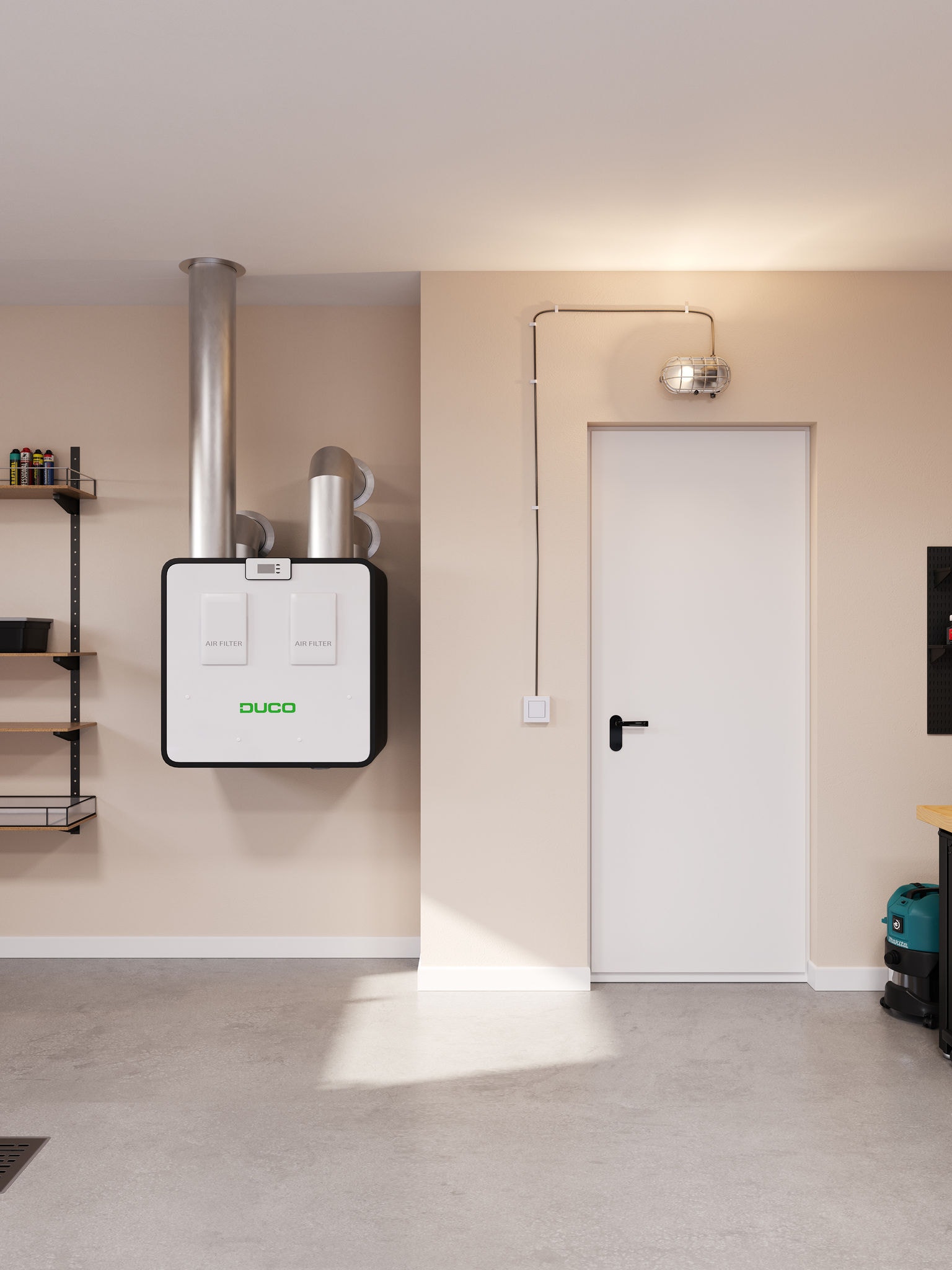 Vetračný systém DucoBox Energy Premium nainštalovaný v obývacej izbe, ktorý demonštruje domáce vetranie ako riešenie na zlepšenie cirkulácie vzduchu a zníženie vlhkosti.